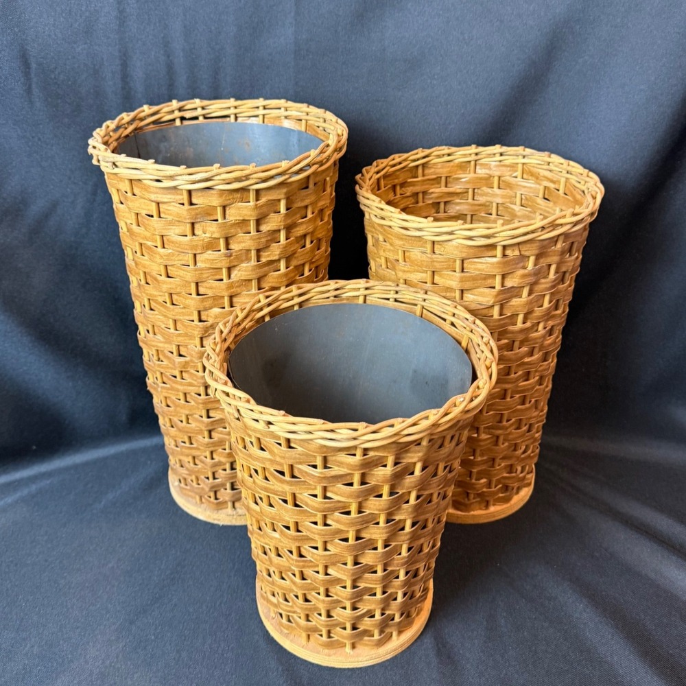 Vintage 3pc Set Woven Wicker Display Basket Vases w/ 2 Metal Liners 14"/12"/9.5"